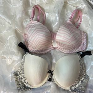 Two Victorias Secret bras, pink zebra and lace 34D